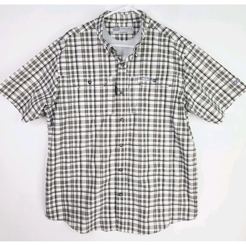 Drake Men's Size Large Green/White Plaid Short Sleeve Button Mesh Lined Vented